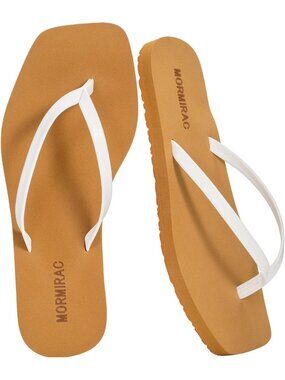 Women's White Rubber Sole Summer Comfortable Flip Flops Square Toe Flat Sandals